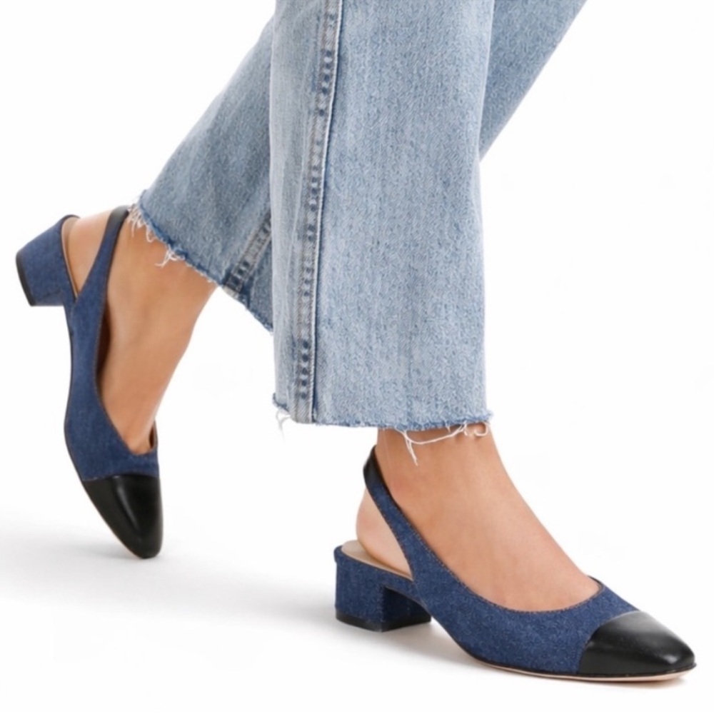 VERONICA BEARD 
Cecile leather-trimmed denim slingback flats
